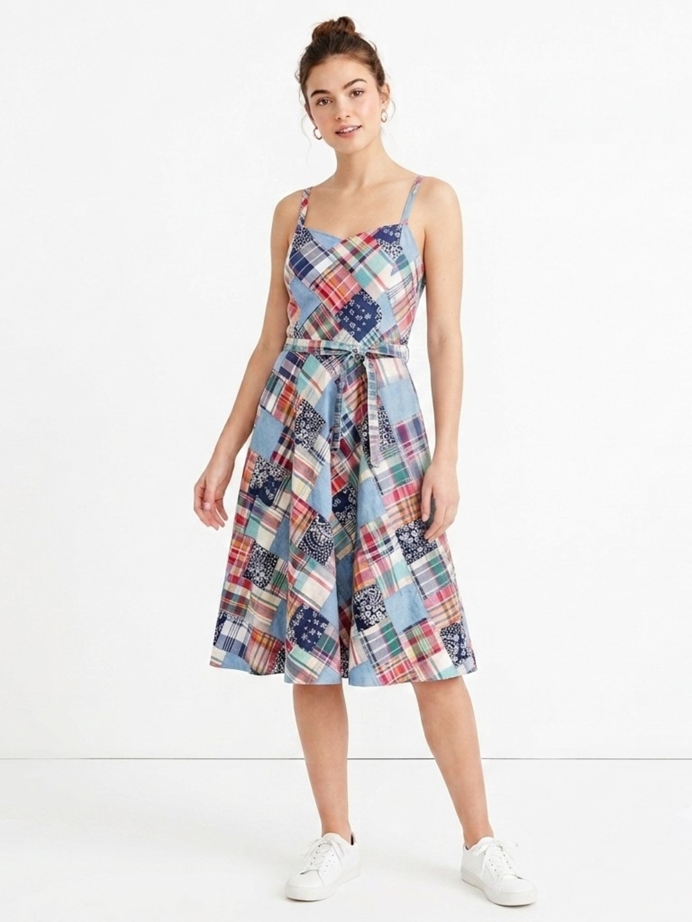 Patchwork Plaid Sleeveless Midi Dress - Blue Multi